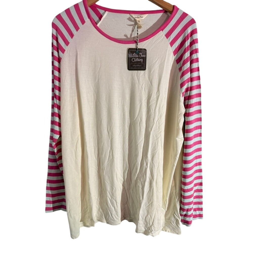 Matilda Jane Clothing Women's Cream Pink Stripe Raglan Long‎ Sleeve Shirt XXL
